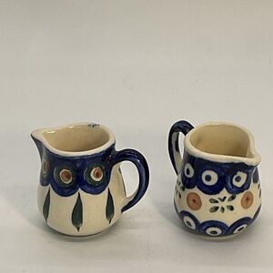 Miniature Boleslawiec Handcrafted Ceramic Pitchers - Blue and Cream